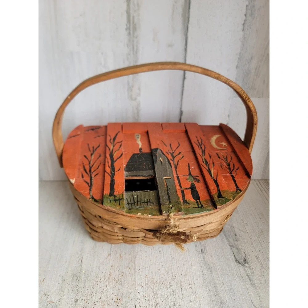 Unique vintage wooden trick or treat Halloween basket candy slot haunted house